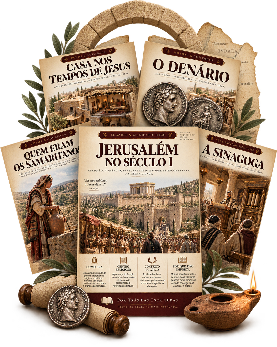 Fichas visuais de Por Trás das Escrituras — Jerusalém no Século I, O Denário, Casa nos Tempos de Jesus, A Sinagoga e Quem Eram os Samaritanos